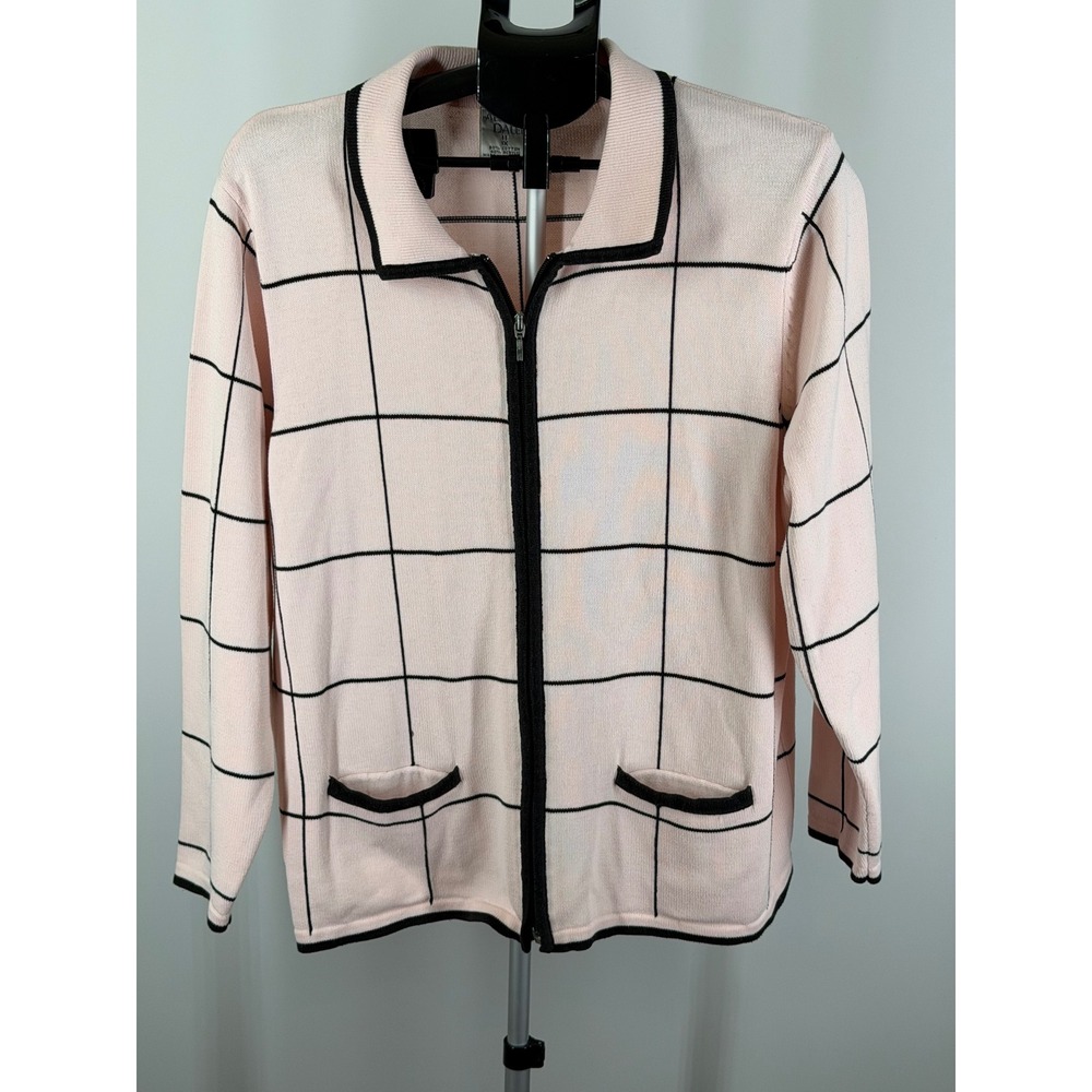 Alison Daley Pink Black Windowpane Zip Front Cardigan Sweater Plus Size 1X